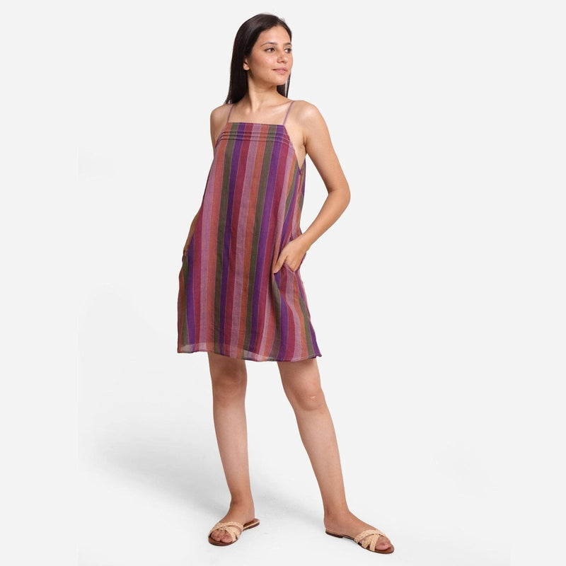 Front View of a Model wearing Strappy Handspun A-Line Striped Dress