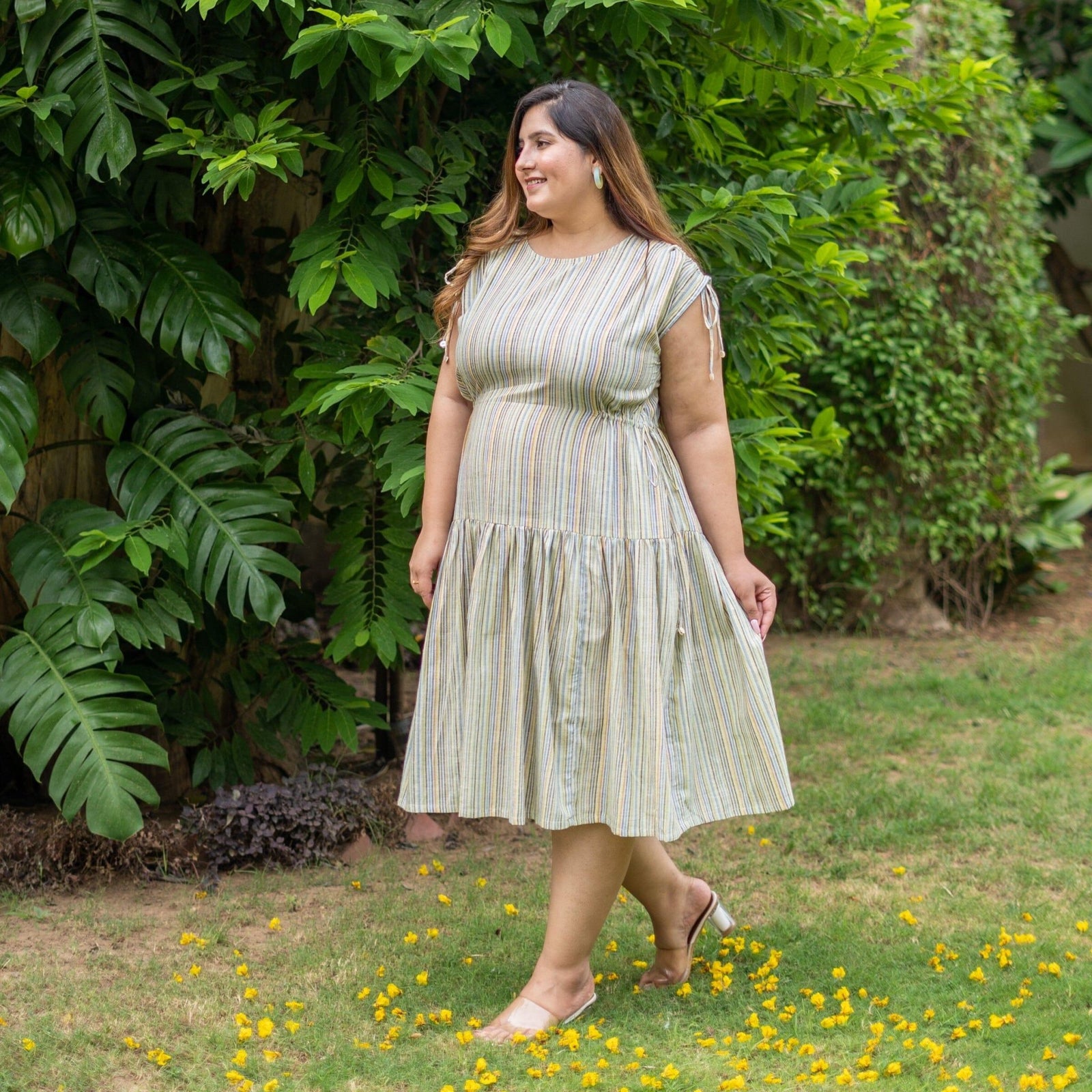 drop waist knee length dress Multicolor Striped Handspun Cotton Dropped Waist Knee Length Tier Dress 64