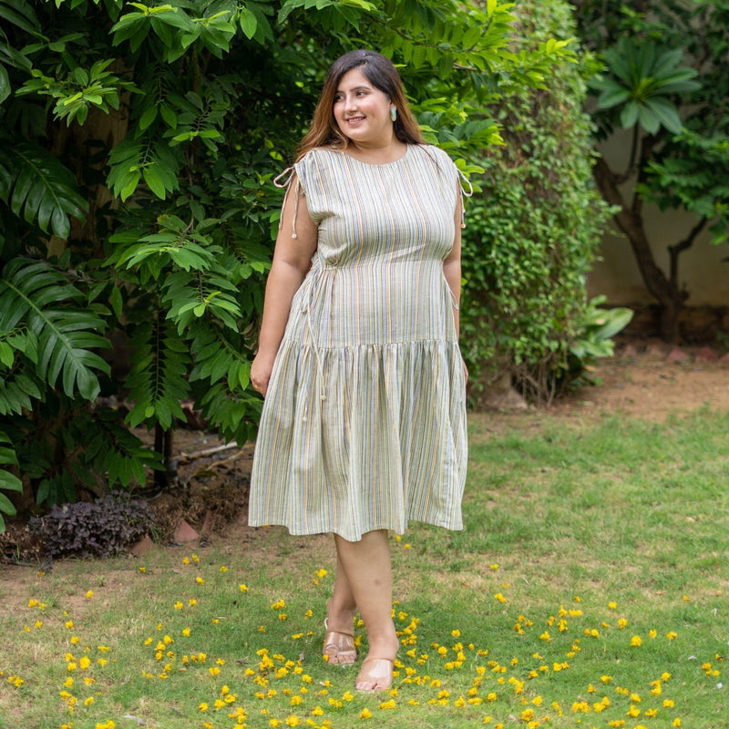 Multicolor Striped Handspun Cotton Dropped Waist Knee Length Tier Dress 40" / Regular (5'2" - 5'6") Multicolor Striped Handspun Cotton Dropped Waist Knee Length Tier Dress 40" / Regular (5'2" - 5'6")