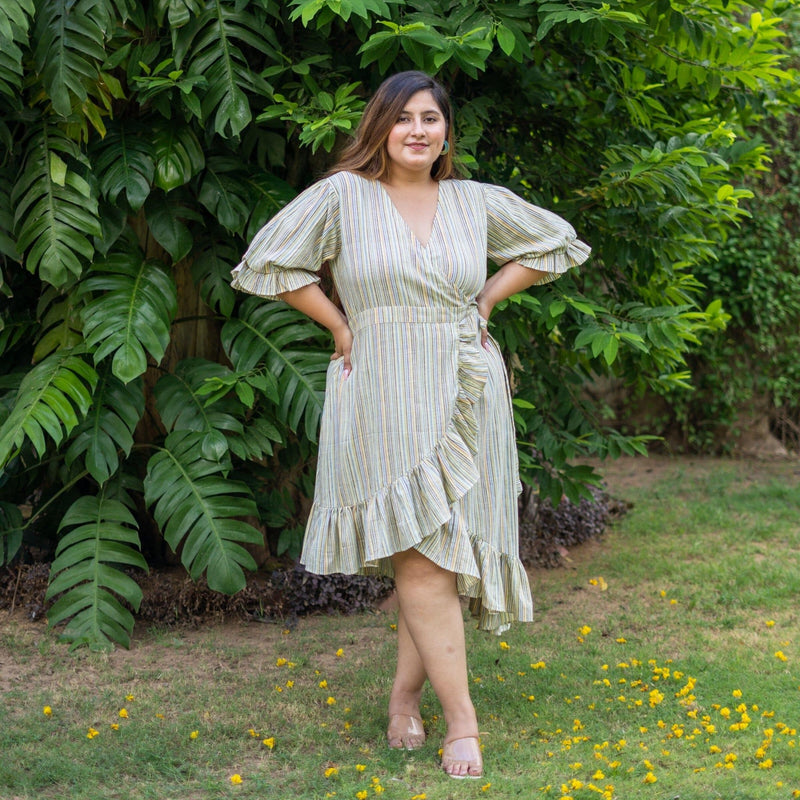 Multicolor Striped Handspun Cotton High-Low Knee Length Wrap Dress 38" / Custom Height (Free) Multicolor Striped Handspun Cotton High-Low Knee Length Wrap Dress 38" / Custom Height (Free)