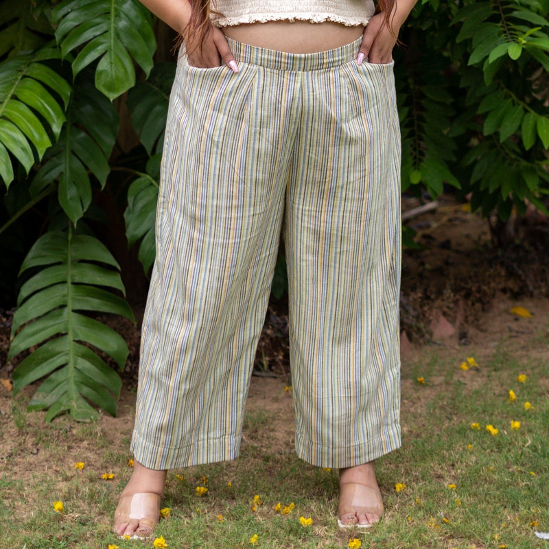 Multicolor Striped Handspun Cotton High-Rise Elasticated Straight Pant