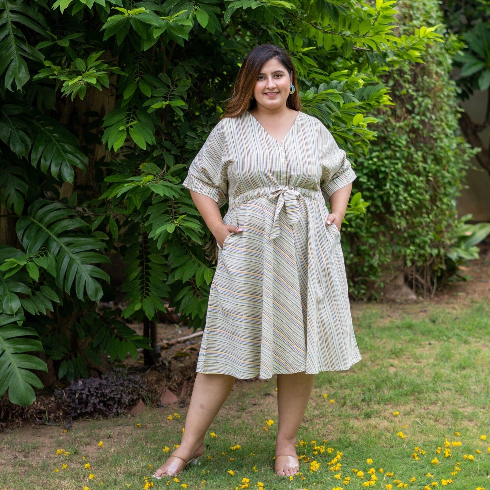 striped knee length dress Multicolor Handspun Cotton Circular Puff sleeve