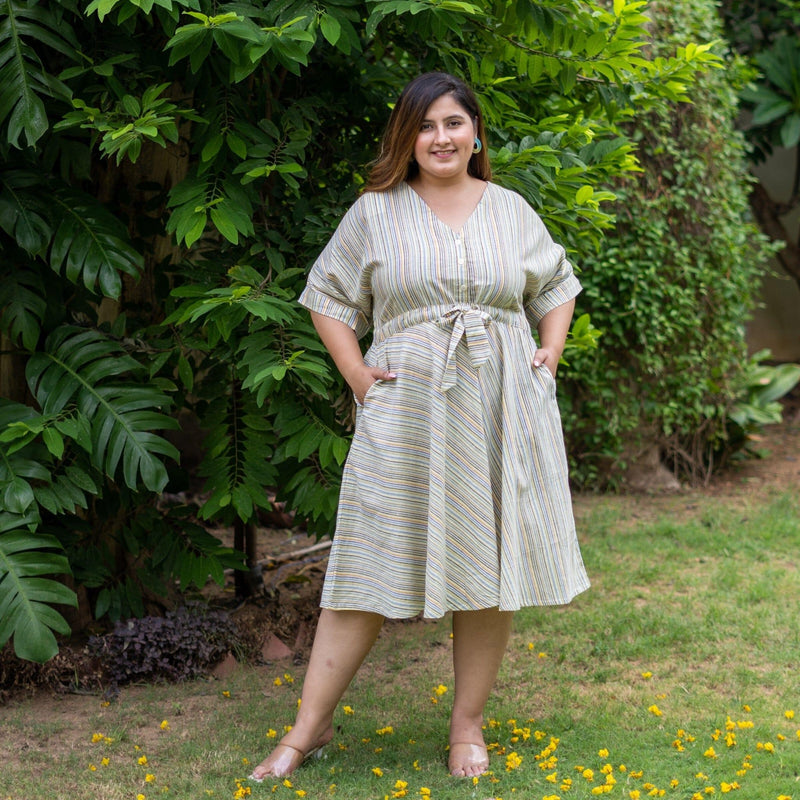 striped knee length dress Multicolor Striped Handspun Cotton Knee Length Circular Dress 60" / Custom Height (Free)