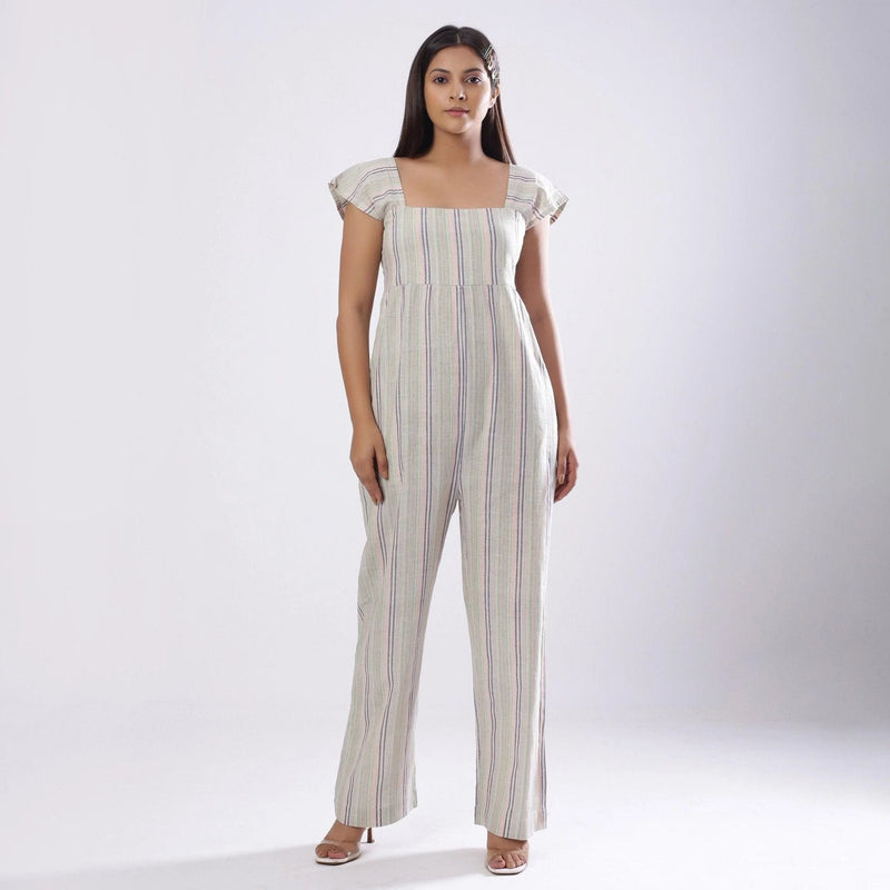 Front View of a Model wearing Striped Handspun Cotton Straight Jumpsuit