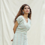 Right View of a Model wearing Multicolor Striped Handspun Cotton V-Neck Blouson Blouse