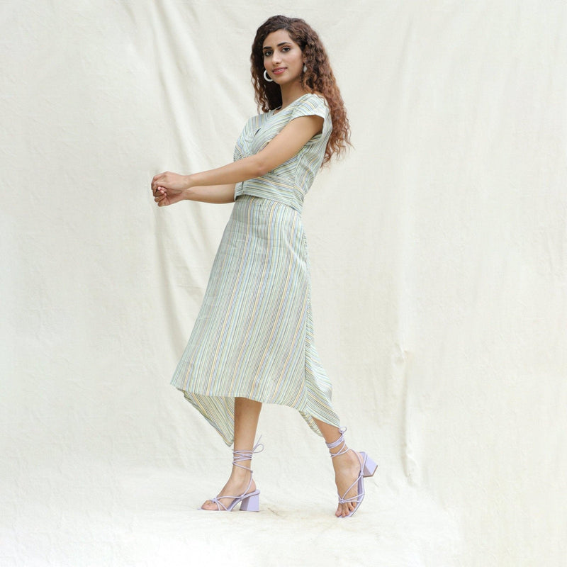 Left View of a Model wearing Multicolor Striped Handspun Cotton V-Neck Blouson Blouse