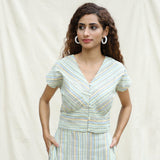 Front View of a Model wearing Multicolor Striped Handspun Cotton V-Neck Blouson Blouse