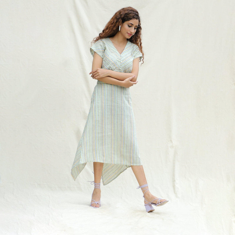 Right View of a Model wearing Multicolor Striped Handspun Cotton V-Neck Blouson Blouse