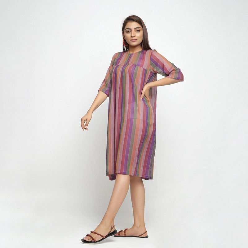 Left View of a Model wearing Mangalgiri Handwoven Gathered Yoke Dress