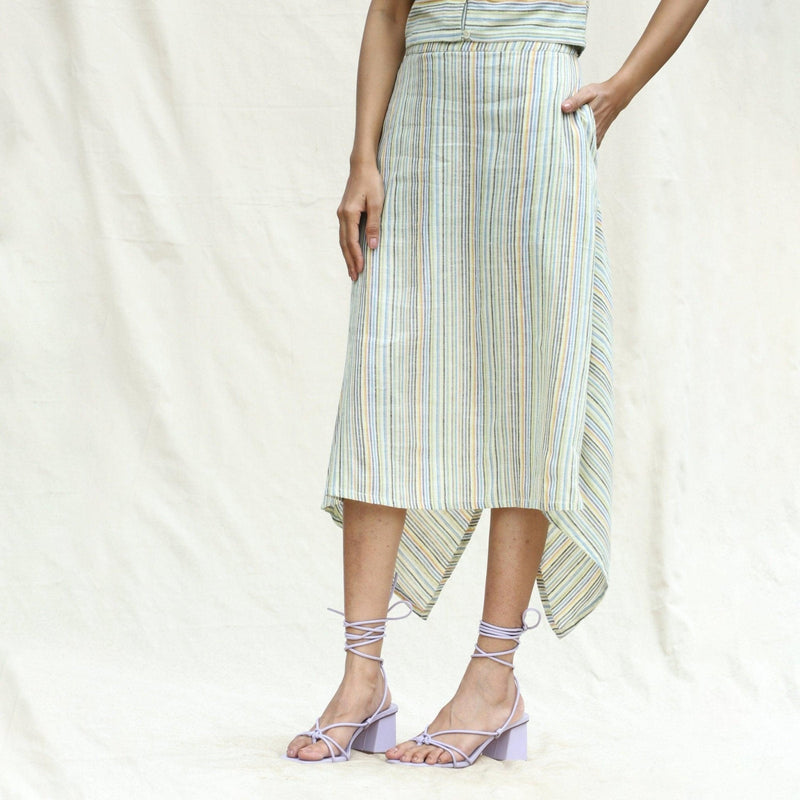 Left View of a Model wearing Multicolor Stripes Cotton Back Slit Asymmetric Skirt