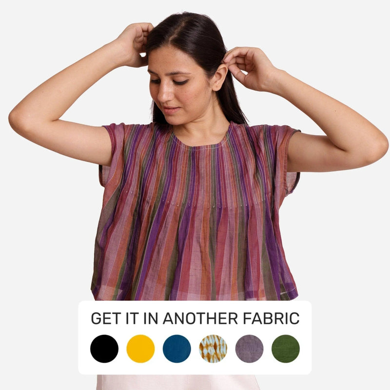 Front View of a Model wearing Multicolor Stripes Handwoven Cotton Top