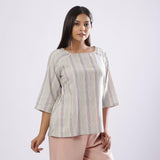 Multicolor Yarn Dyed Cotton Raglan Sleeves Tunic Top