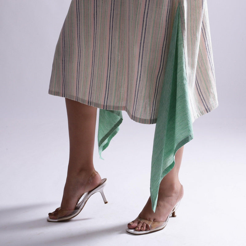 Close View of a Model wearing Multicolor Handspun Striped A-Line Dress