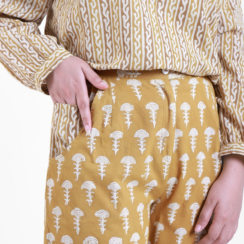 Front Detail of a Model wearing Bagru Block Print Wide Legged Culotte