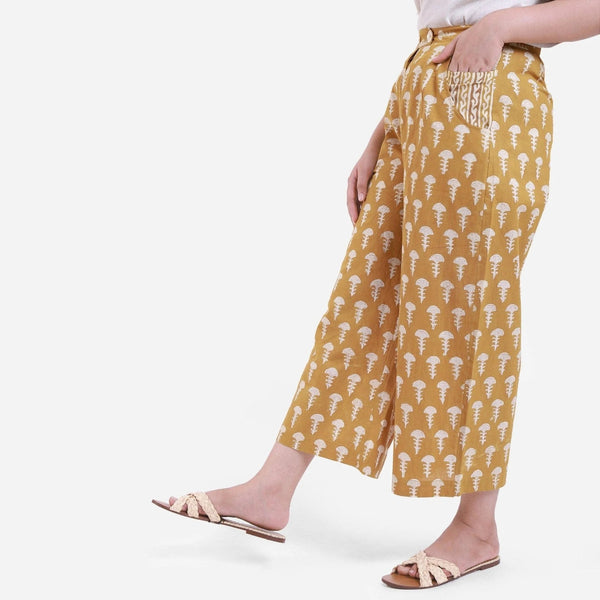 Left View of a Model wearing Bagru Block Print Wide Legged Culotte