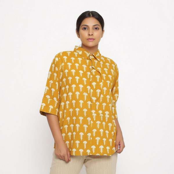 Front View of a Model wearing Mustard Block Printed Button-Down Shirt