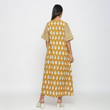 Mustard Block Printed Cotton Ankle Length Snug Dress