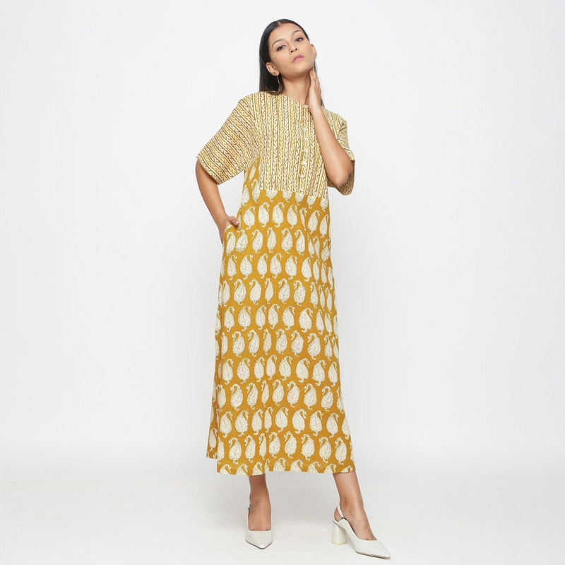 Mustard Block Printed Cotton Ankle Length Snug Dress