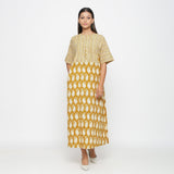 Mustard Block Printed Cotton Ankle Length Snug Dress