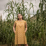 Front View of a Model wearing Block Printed Loose Fit Yoked Dress