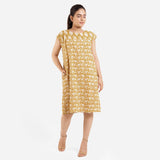 Front View of Model wearing Block Printed Loose Fit Yoked Dress