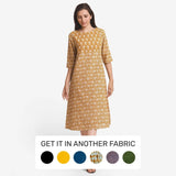 Front View of a Model wearing Mustard Block Printed Cotton Midi Yoke Dress