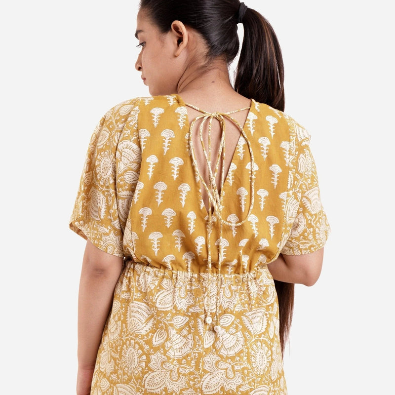 Back Detail of a Model wearing Bagru Block Printed high Rise Jumpsuit