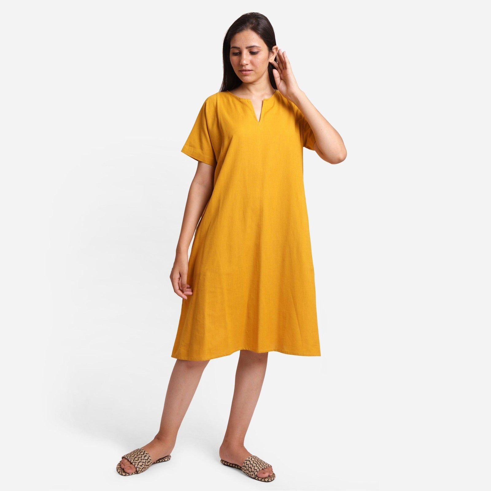 Mustard Cotton Flax Knee Length Princess Line Dress 66" / Tall (5'7" and above)
