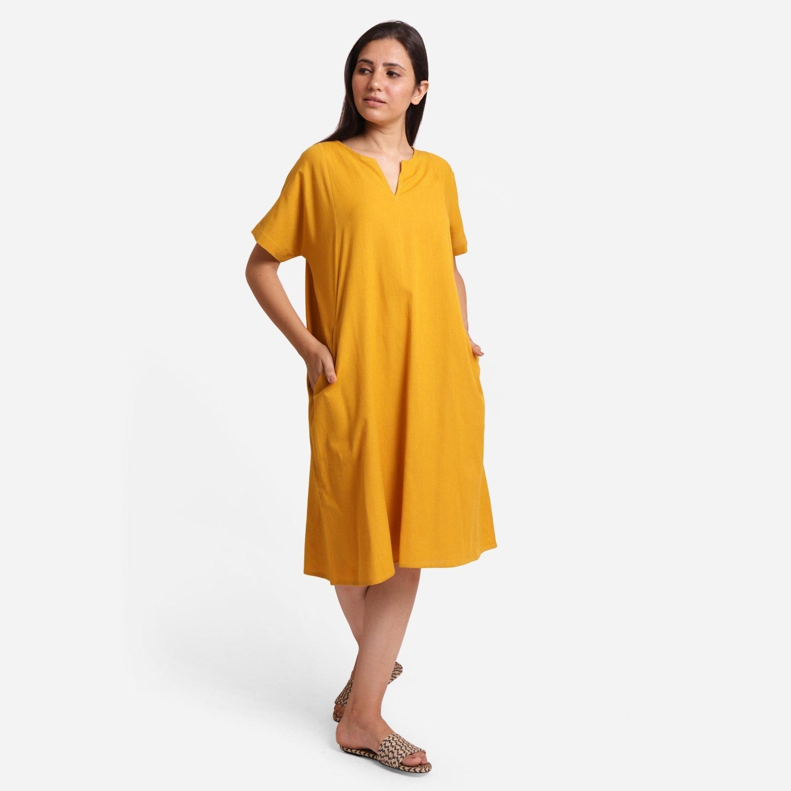 Mustard Cotton Flax Knee Length Princess Line Dress 66