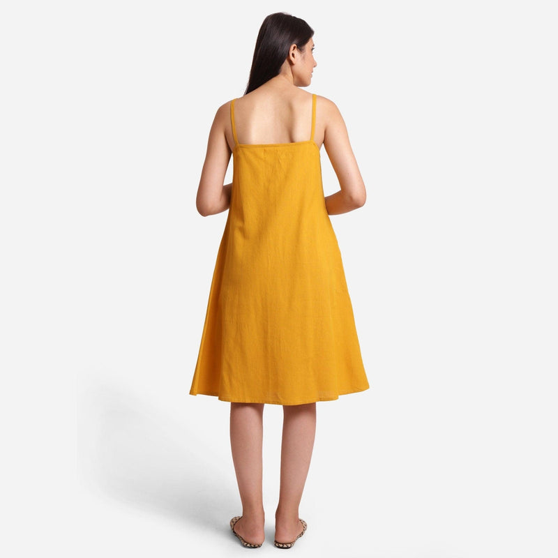 Mustard Cotton Flax Knee Length Strappy Slit Dress 68" / Petite (5'1" and below) Mustard Cotton Flax Knee Length Strappy Slit Dress 68" / Petite (5'1" and below)