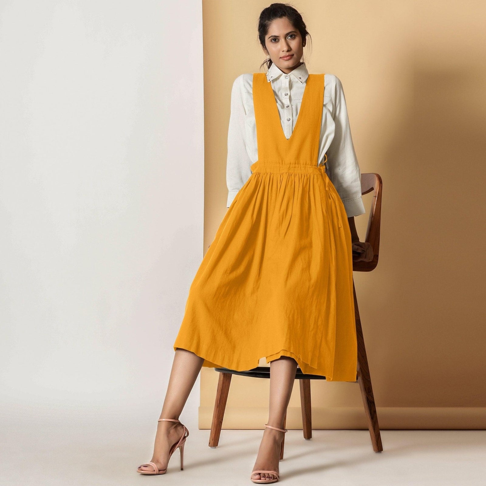 Mustard Cotton Flax Pinafore Midi Wrap Dress 32