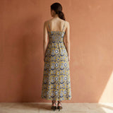Mustard Floral Block Print Cotton Ankle Length Flared Sundress