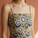 Mustard Floral Block Print Cotton Ankle Length Flared Sundress