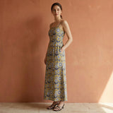 Mustard Floral Block Print Cotton Ankle Length Flared Sundress
