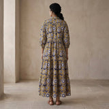 Mustard Floral Block Print Cotton Deep-V Maxi Tier Dress