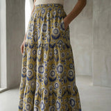 Mustard Floral Block Print Cotton Elasticated Maxi Tier Skirt