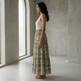 Mustard Floral Block Print Cotton Elasticated Maxi Tier Skirt