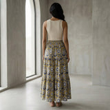 Mustard Floral Block Print Cotton Elasticated Maxi Tier Skirt