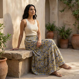 Mustard Floral Block Print Cotton Elasticated Maxi Tier Skirt