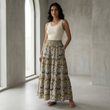 Mustard Floral Block Print Cotton Elasticated Maxi Tier Skirt