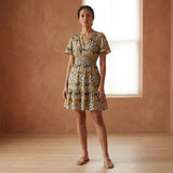 Mustard Floral Block Print Cotton Elasticated Short Tier Dress