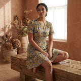 Mustard Floral Block Print Cotton Elasticated Short Tier Dress