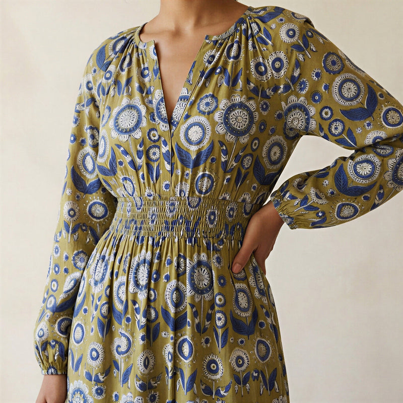 Mustard Floral Block Print Cotton Fit and Flare Maxi Tier Dress 70" / Petite (5'1" and below) Mustard Floral Block Print Cotton Fit and Flare Maxi Tier Dress 70" / Petite (5'1" and below)