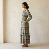 Mustard Floral Block Print Cotton Fit and Flare Maxi Tier Dress