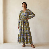 Mustard Floral Block Print Cotton Fit and Flare Maxi Tier Dress
