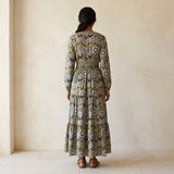 Mustard Floral Block Print Cotton Fit and Flare Maxi Tier Dress