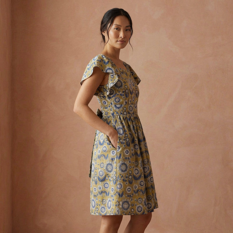 mustard knee length dress Floral Block Print Cotton Open-Back Fit and Flare dusty blue halter bridesmaid dress
