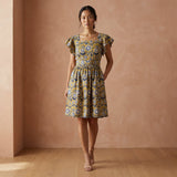 Mustard Floral Block Print Cotton Open-Back Fit and Flare Knee Length Dress