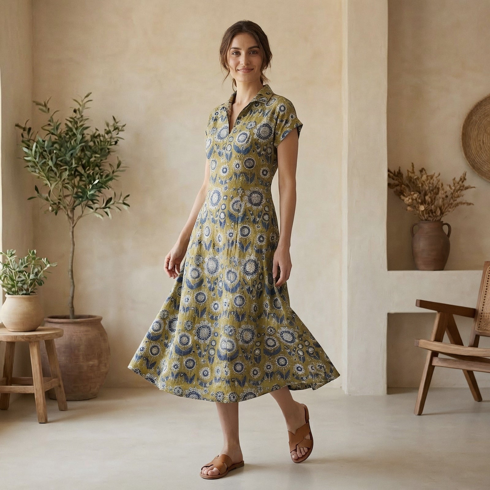 Mustard Floral Block Print Cotton Paneled A-Line Midi Dress 26" / Custom Height (Free) Mustard Floral Block Print Cotton Paneled A-Line Midi Dress 26" / Custom Height (Free)