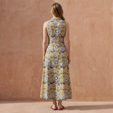 Mustard Floral Block Print Cotton Paneled Sleeveless Maxi Dress